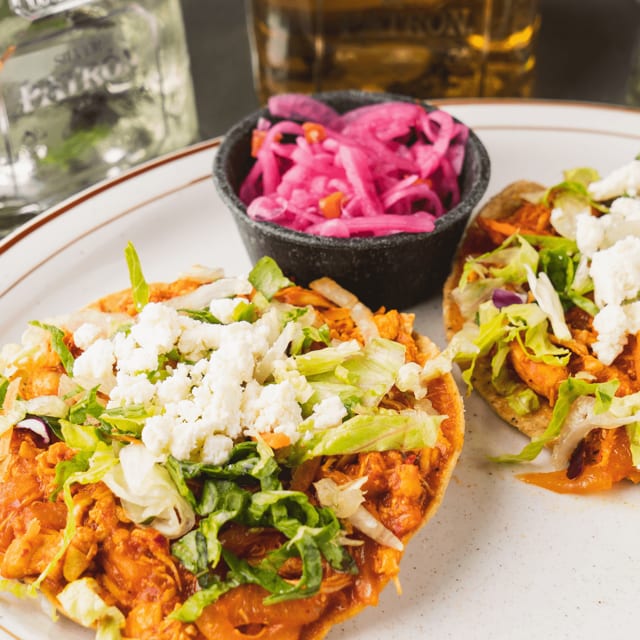 129. Chicken, Beef or Bean Tostada.
